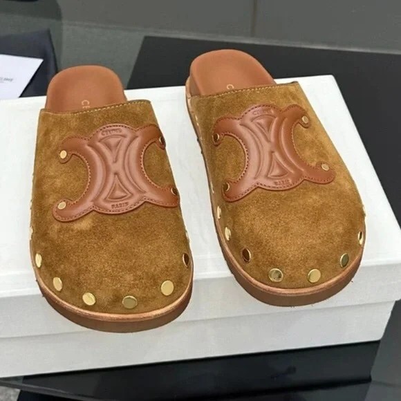 Celine Brown Suede Mules with Gold Details - Picture 1 of 6